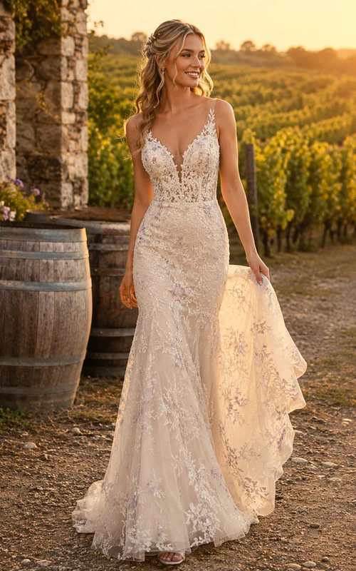 Vineyard V-Neck Lace Sheath Illusion Back Bridal Gown