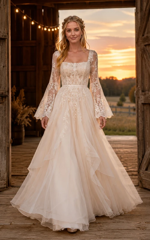 Fall Boho Square Neck Bell Sleeve Tulle Wedding Dress