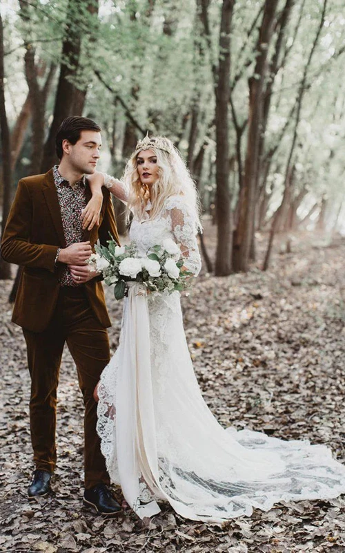 V-neck Long Sleeve Tiered Lace Sweep Train Wedding Dress