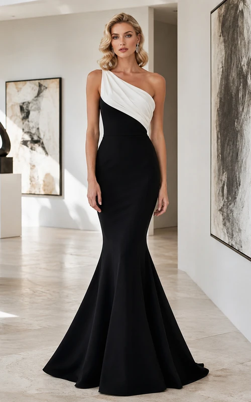 Diagonal Noir Schwarzes Meerjungfrauen-Abendkleid in Bodenlänge mit One-Shoulder-Schnitt, ärmellos, aus Stretch-Satin