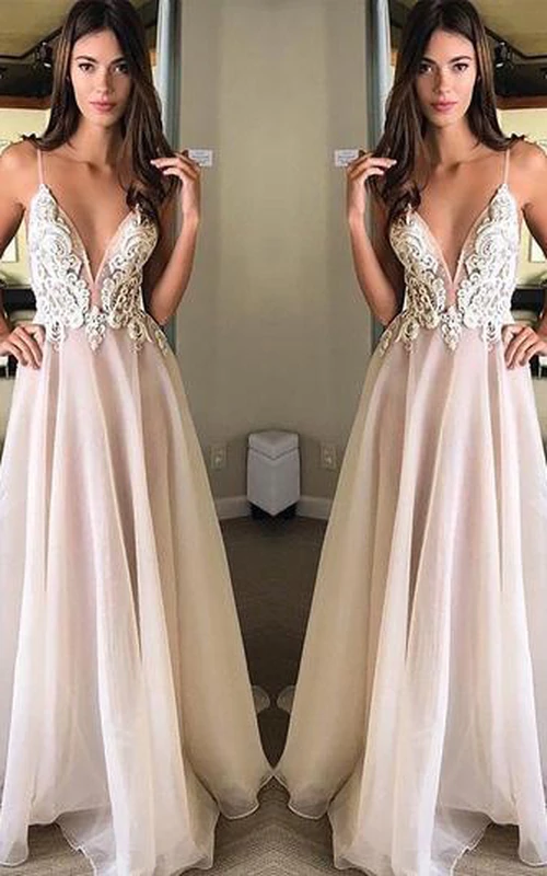 Spaghetti V-neck Chiffon Sleeveless Floor-length Open Back A Line Formal Dress with Ruffles