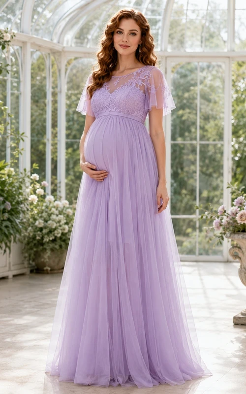 Maternity Lilac Lace Bateau Flutter Sleeve Chiffon Empire Floor-Length Bridesmaid Dress