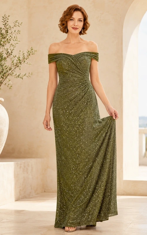 Luxury Dark Green Off-Shoulder Sequin Sheath Floor-Length Ruched Evening Gown