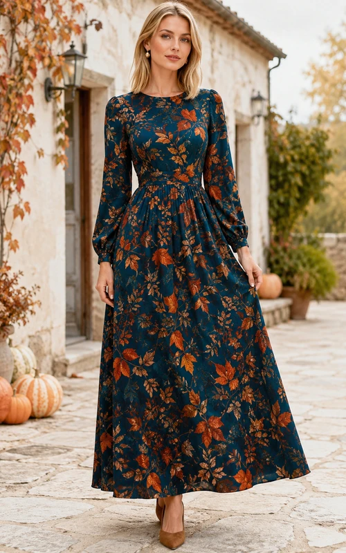 Navy Long Sleeve Autumn Leaf Print Guest Maxi Dress