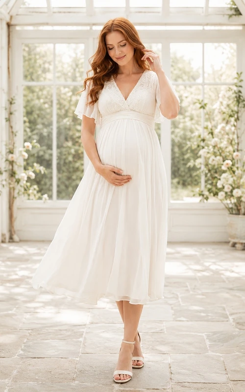 V-Neck Short Sleeve Pleated A-Line Tea-Length Maternity Wedding Dress