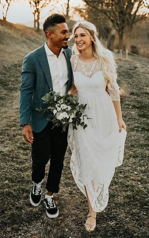 Long Sleeve Low-v Back Lace Scoop-neck Rustic Wedding Dress