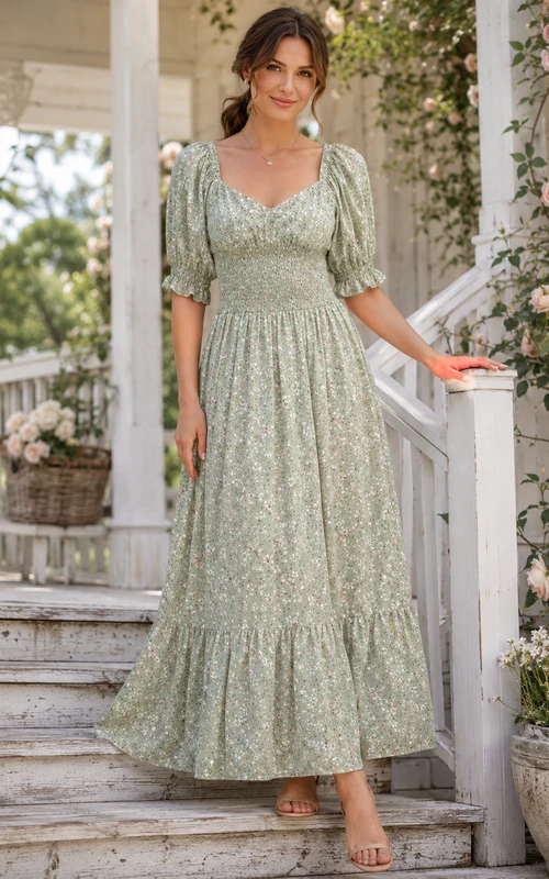 celadon Floral Smocked Waist Puff Sleeve Prairie Dress