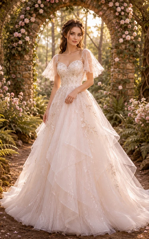 Fairy Flutter Sleeve Tiered Tulle Garden Bridal Gown