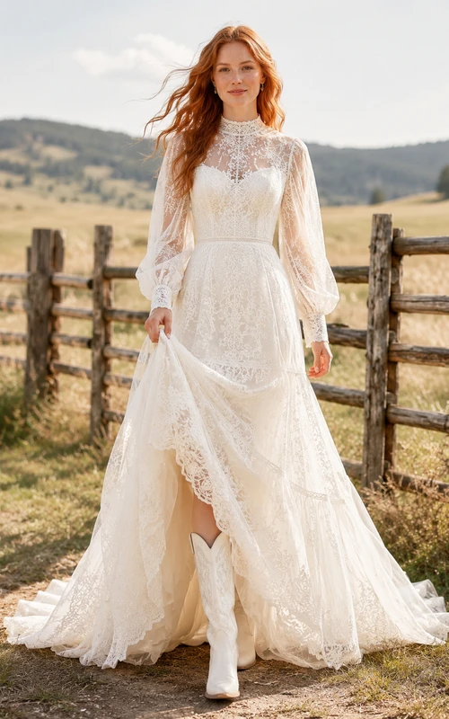 Western High Neck Lace Wedding A Line Long Balloon Sleeve High Low Chapel Train