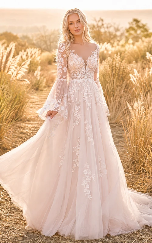 Blushing Lace Bell Sleeve Golden Meadow A-Line Bridal Gown