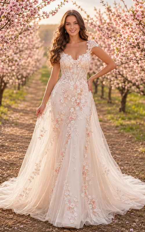 Floral Corset Strapless Orchard Blossom Wedding Bridal Gown