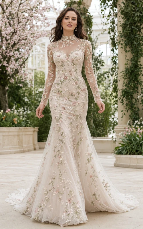 High Neck Floral Lace Mermaid Spring Garden Wedding Dress