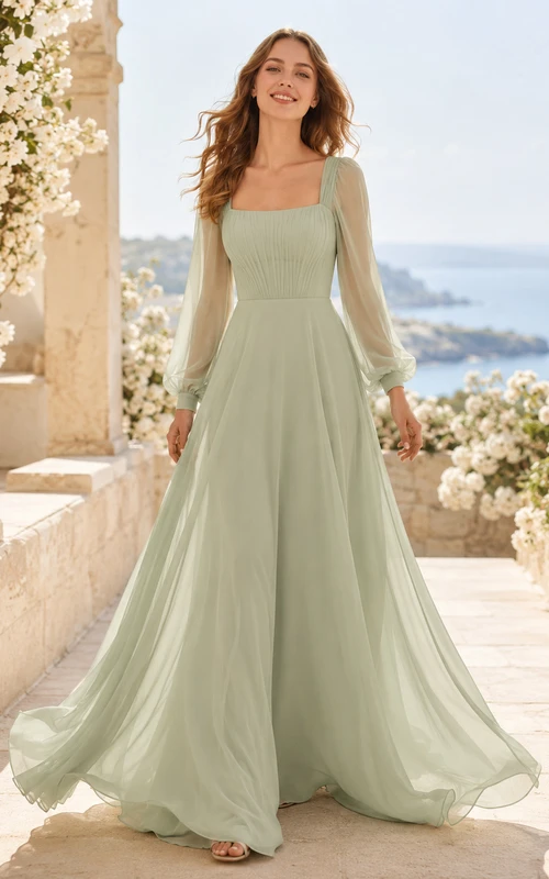 celadon Square Neck Long Poet Sleeve Chiffon A-Line Wedding Dress
