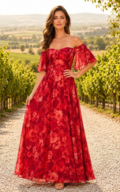 Red Floral Off Shoulder Vineyard Garden Maxi Dress