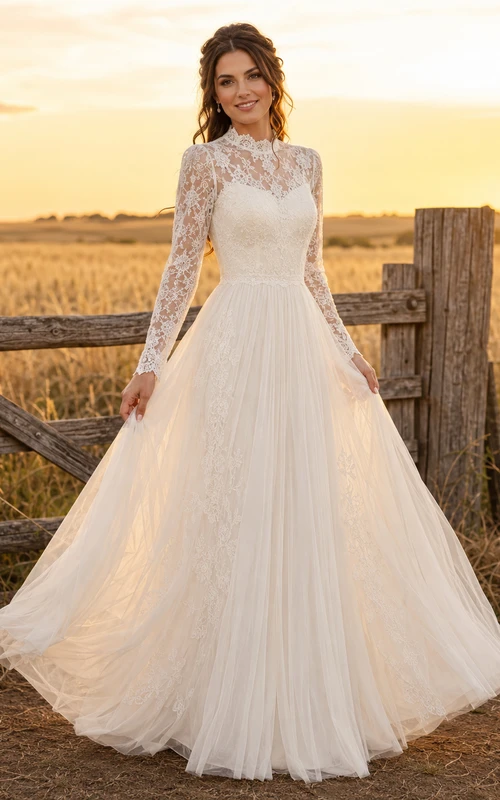 High Neck Lace Bodice Tulle Prairie Wedding Dress