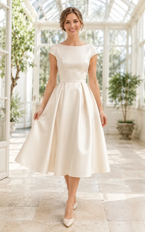 Classic Bateau Cap Sleeve Satin A-Line Tea-Length Wedding Reception Dress