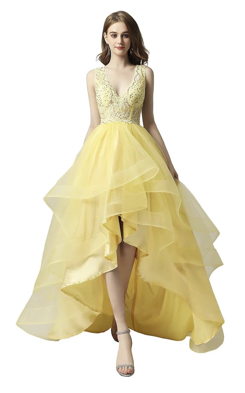Cute Adorable Sleeveless High-low Beaded Dress With Cascading Ruffles And Keyhole