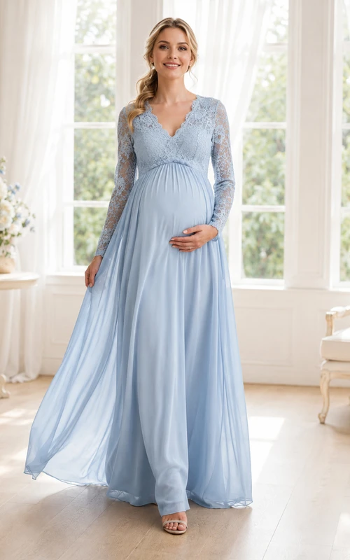 Steel Blue V-Neck Illusion Lace Maternity Bridesmaid Gown Romantic Garden