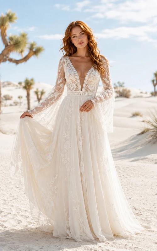 Plunging Bell Sleeve Desert Bohemian Tulle Elopement Gown