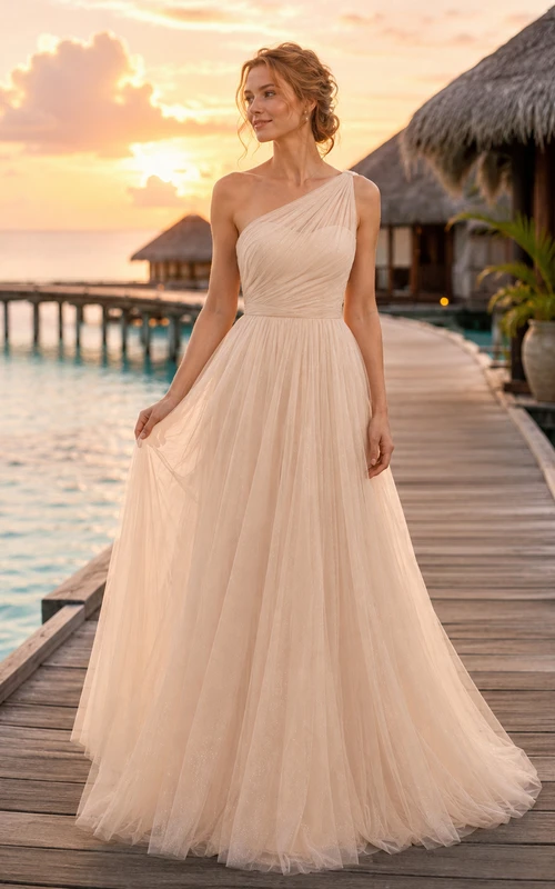 One Shoulder Tulle Tropical Island Ball Gown Elopement Dress