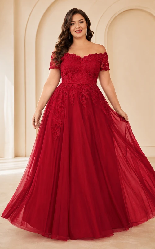 Red Plus Size Off Shoulder Tulle A-Line Wedding Dress