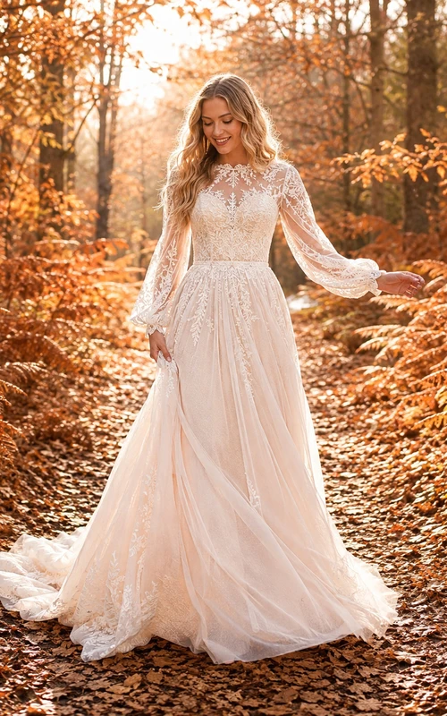 Autumn Long Sleeve Lace Chiffon A-Line Forest Elopement Gown