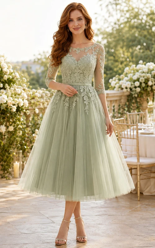 celadon Green Modest Bateau Lace Three Quarter Sleeve Tulle Tea Wedding Dress