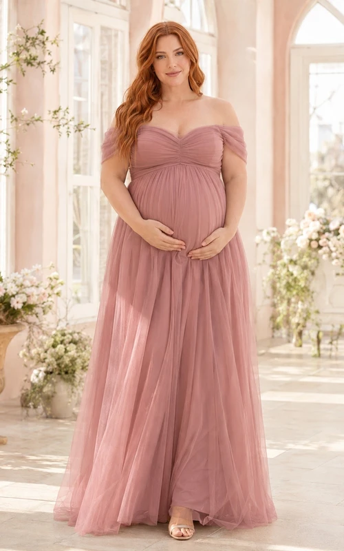 Dusty Rose Off-the-Shoulder Short Sleeve Empire Maternity A-Line Maxi Dress