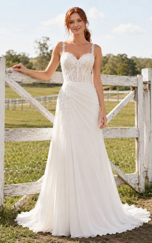 Simple Sweetheart Spaghetti Strap Chiffon Sheath Sweep Train Country Wedding Dress