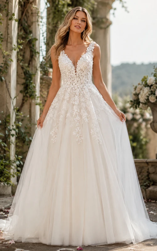 Sleeveless V-neck Lace Applique Pleated A-line Tulle Wedding Dress