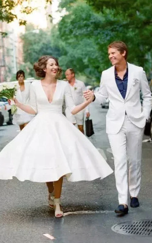 Deep V-neck Half Sleeve Satin Empire Tea-length Wedding Dress