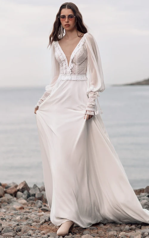 Long Sleeve V-neck Chiffon Bohemian Empire Sweep Train Wedding Dress