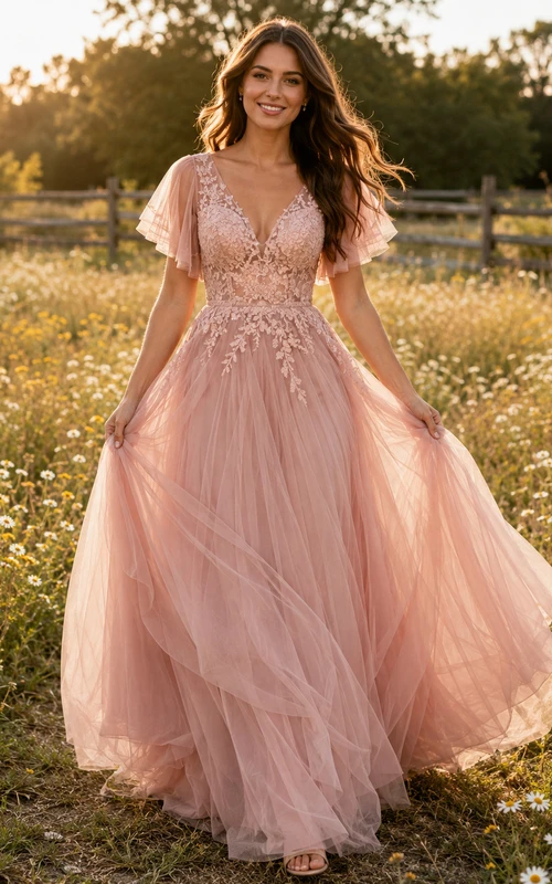 Blush Bohemian Flutter Sleeve Applique Tulle Meadow Bridal Gown
