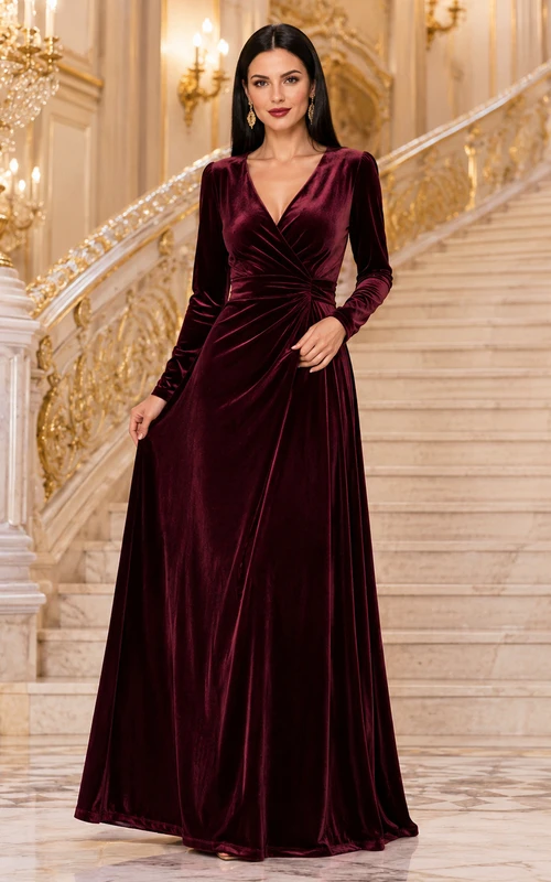 Castle Burgundy Velvet V-Neck A-Line Floor-Length Long Sleeve Formal Guest Dress