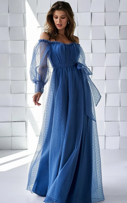 Casual A Line Off-the-shoulder Tulle Floor-length Prom Dress with Ruching and Sash