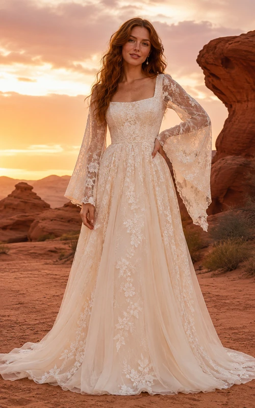 Square Neck Bell Sleeve Lace Desert Ceremony Bridal Gown