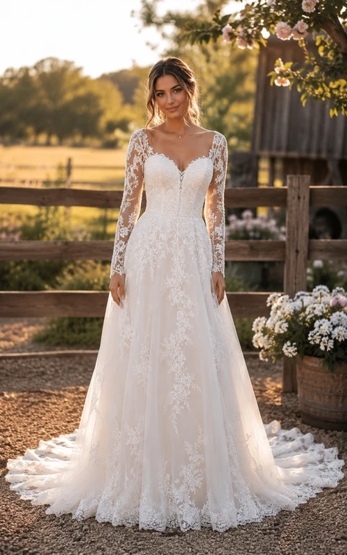 Vestido de novia de corte A con escote en V y tul, estilo campestre, con encaje.