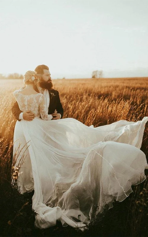 Long Sleeve Modest Casual Empire Chiffon Sweep Train Chiffon Wedding Dress