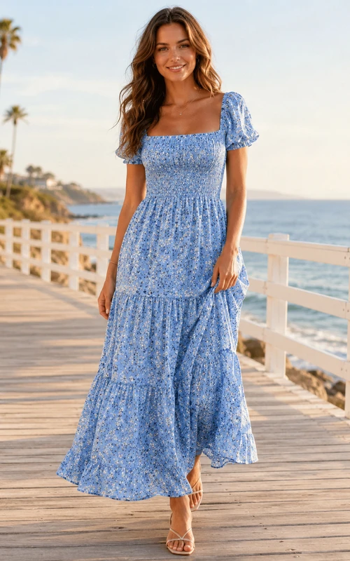 Blue Floral Smocked Puff Sleeve Beach Midi Sundress