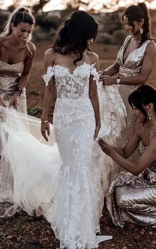 Off-the-shoulder Lace Applique Sheath Mermaid Wedding Dress with Sweep Train