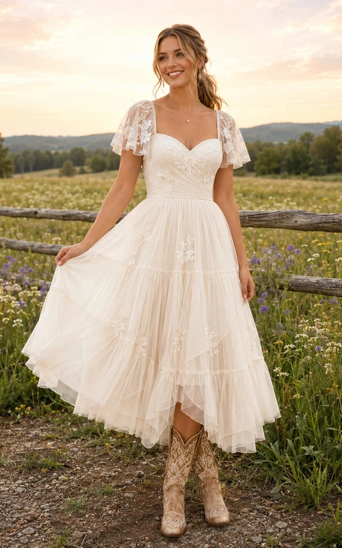Country Elopement Romantic Casual A-Line Lace Tulle Wedding Dress with Sweetheart Puff Sleeves Short Sleeve Tea-Length Ruffled Low Back