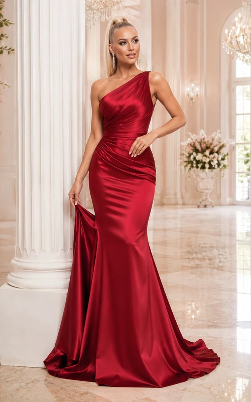 Red one shoulder satin mermaid floor length formal prom gown