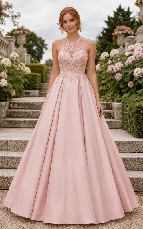 Blush Illusion Lace Bodice Satin Ball Gown Formal Dress