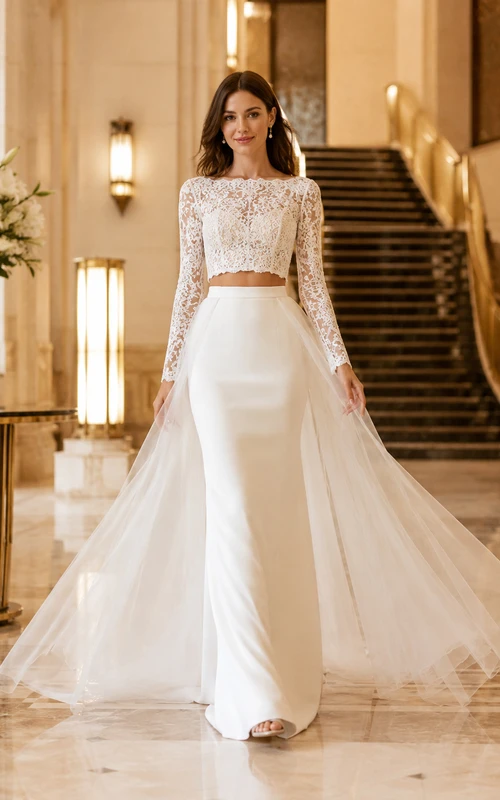 Long Sleeve Lace Crop Top Satin Gown Overskirt Bridal Set
