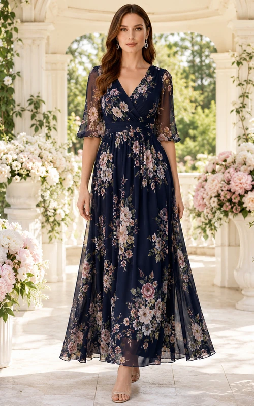 Dark Navy Floral Garden Wedding Guest Dress A-Line Chiffon V-Neck 3/4 Sleeve Ankle-Length Floral Print