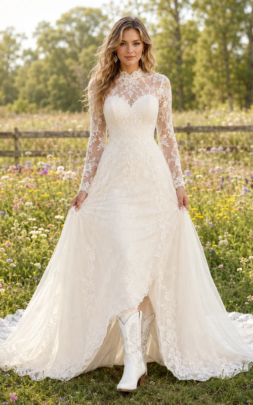 Vestido de novia romántico de corte A con encaje ilusión de cuello alto y cola de capilla modesta.
