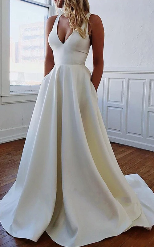 Simple Satin A-line Straps Sleeveless Long Dress with Pockets