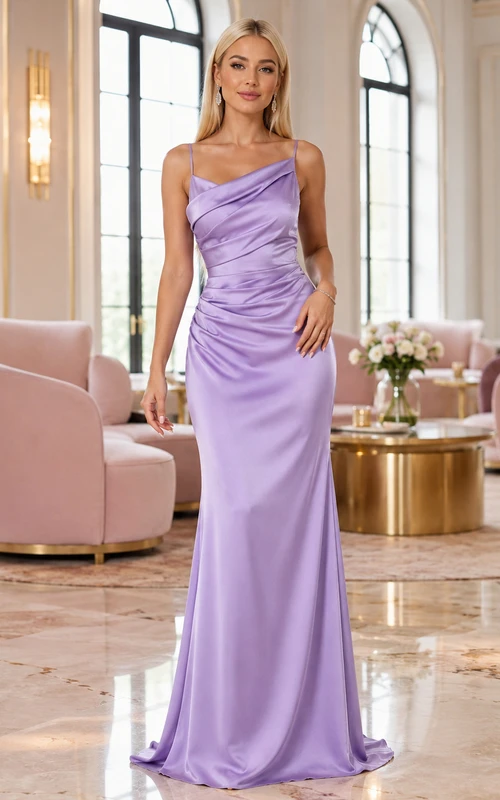 Lilac Satin Asymmetric Draped Sheath Formal Evening Gown