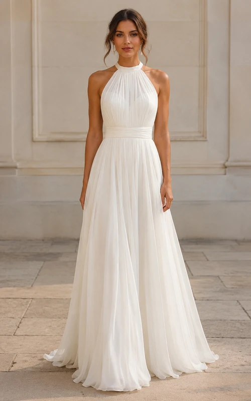 Neckholder-Brautkleid in A-Linie mit plissiertem Chiffonrock und Schleppe