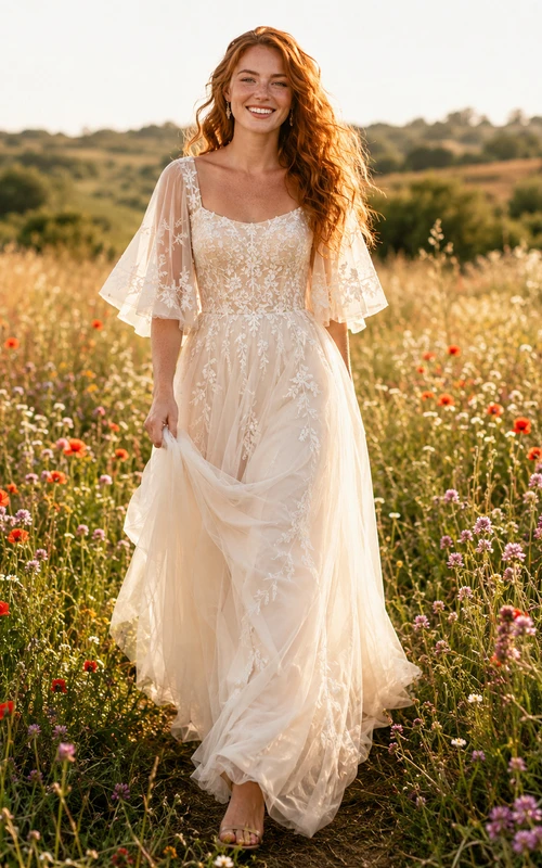 Flutter Sleeve Lace Boho Meadow Bridal A Line Gown